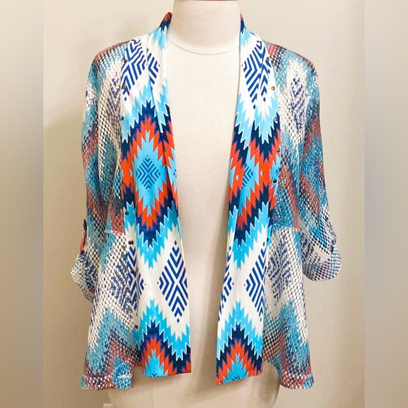 Multiples Sweaters - Multiples Blue White Red Aztec 3/4 Button Sleeves Western Perforated Cardigan PM
